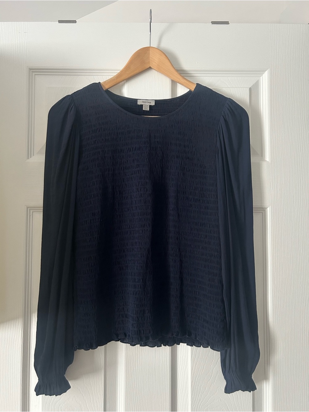 Tristan Navy Smocked Front Long-Sleeve Blouse